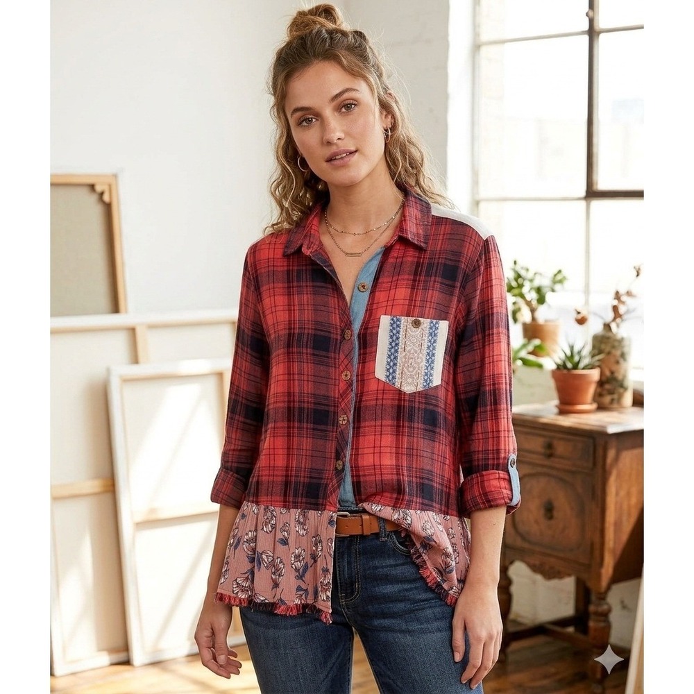 Womens John Mark Mixed Media Plaid Floral Embroidered Button Down Top Red Med